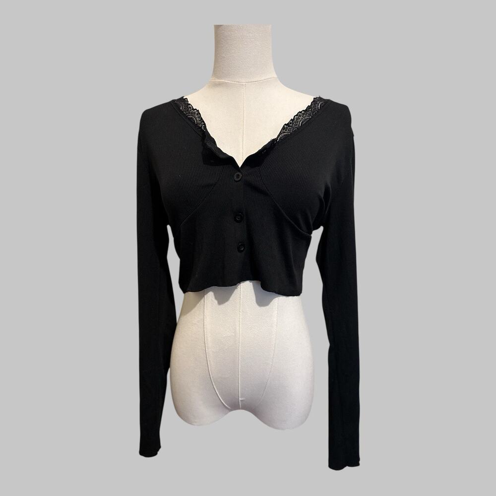 Y2K Black Ribbed Lace Cropped Cardigan Button Up Coquette Fairy Grunge Top L